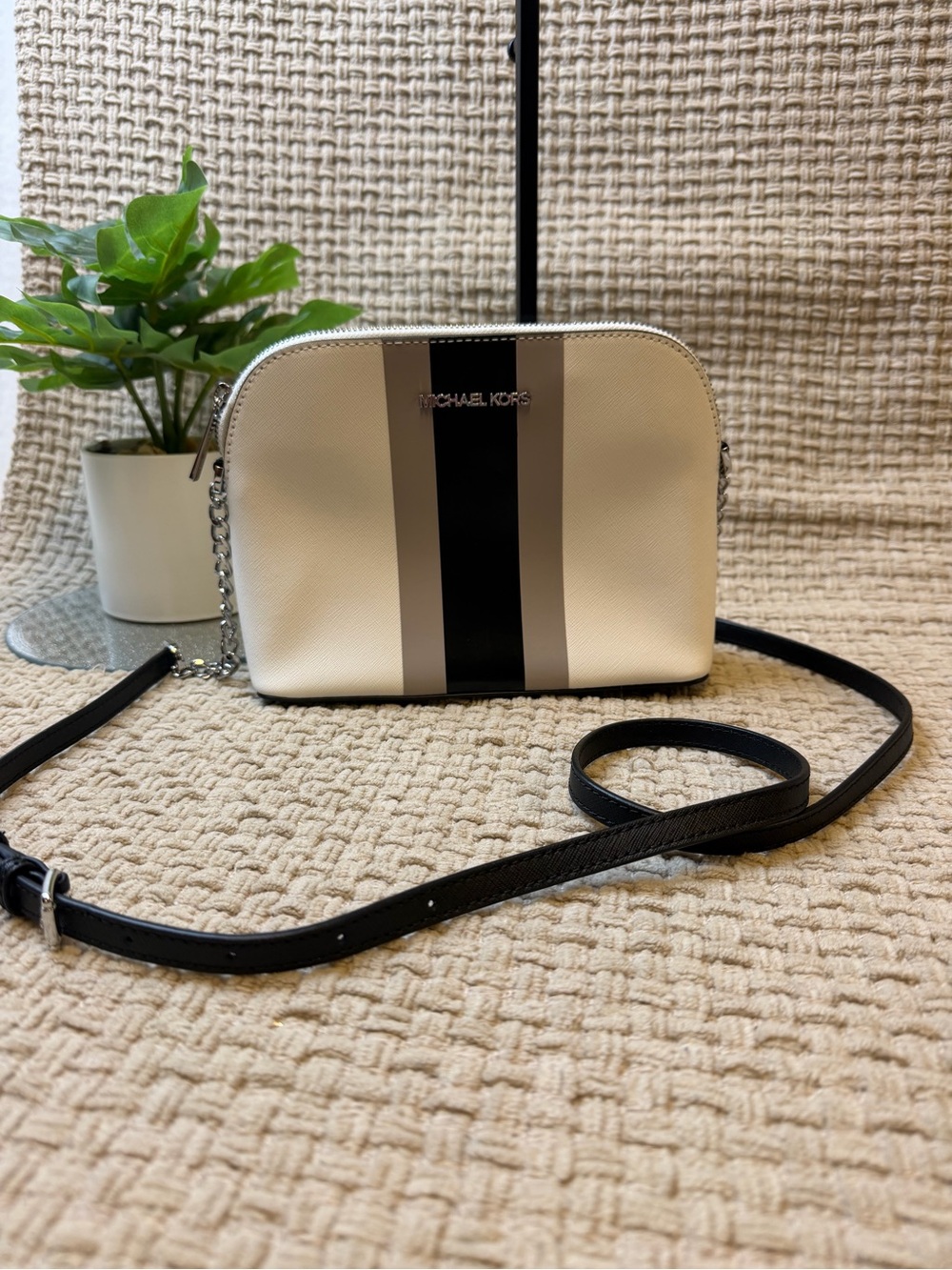 Michael Kors Cream Crossbody with Black and Gray Center Stripe